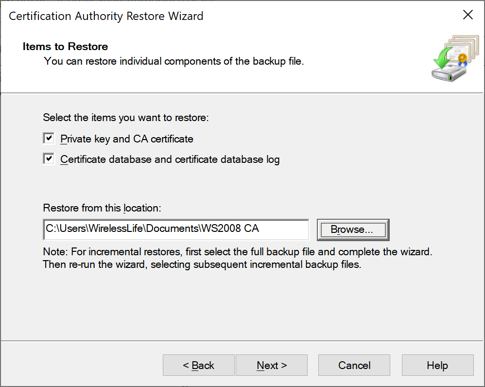 thumbnail image 15 captioned Certification Authority Restore Wizard